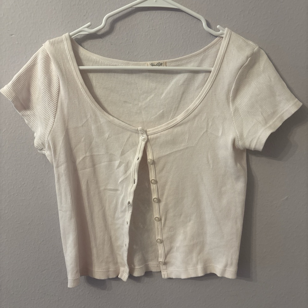 Brandy Melville Women's Light Pink Button-Up Ribbed Top